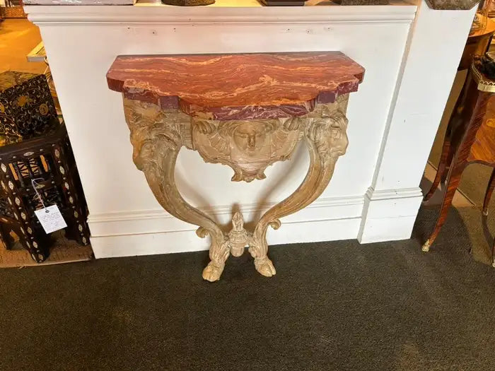 18th Century Italian Carved Rams Head Console Table With Scagliola Top