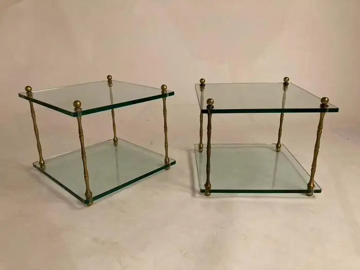 Pair of Italian Mid Century Modern Faux Bamboo Glass and Brass Side Tables