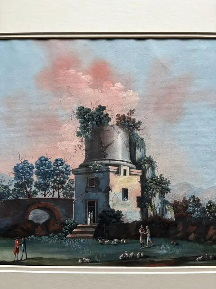 Pair 18th or 19th Century Italian Grand Tour Gouaches of Vesuvius, Bay of Naples