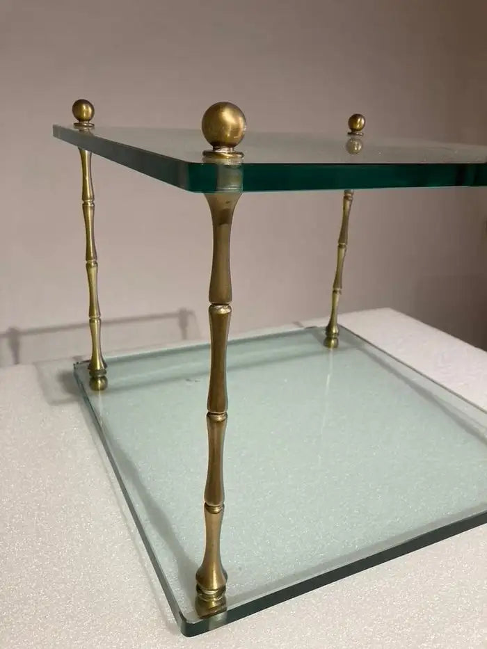 Pair of Italian Mid Century Modern Faux Bamboo Glass and Brass Side Tables
