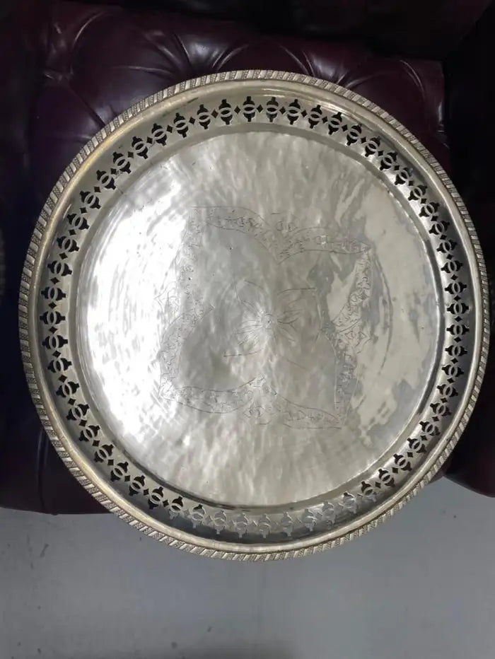 Chinese Export Brass Charger with Fretwork Border and Etched Decoration, Signed