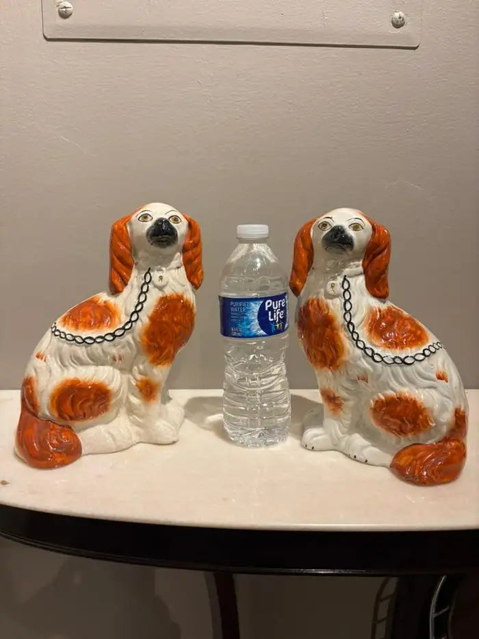 Pair of Antique English Staffordshire Glazed Ceramic Spaniels