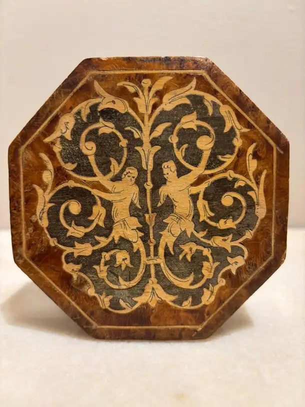 Italian Renaissance Style Octagonal Burl Wood Box With Fruit Wood Inlay