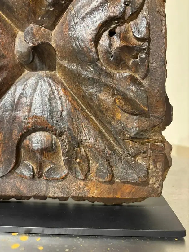 17th Century Spanish Carved Walnut Door Panel on Baroque, Hand-Carved, Steel Base