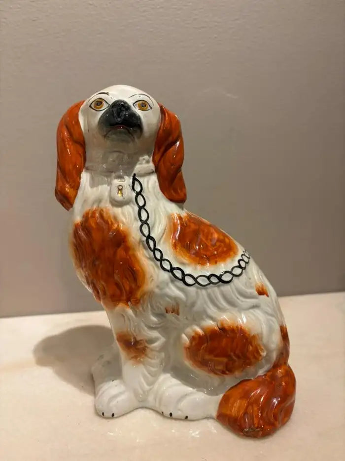 Pair of Antique English Staffordshire Glazed Ceramic Spaniels
