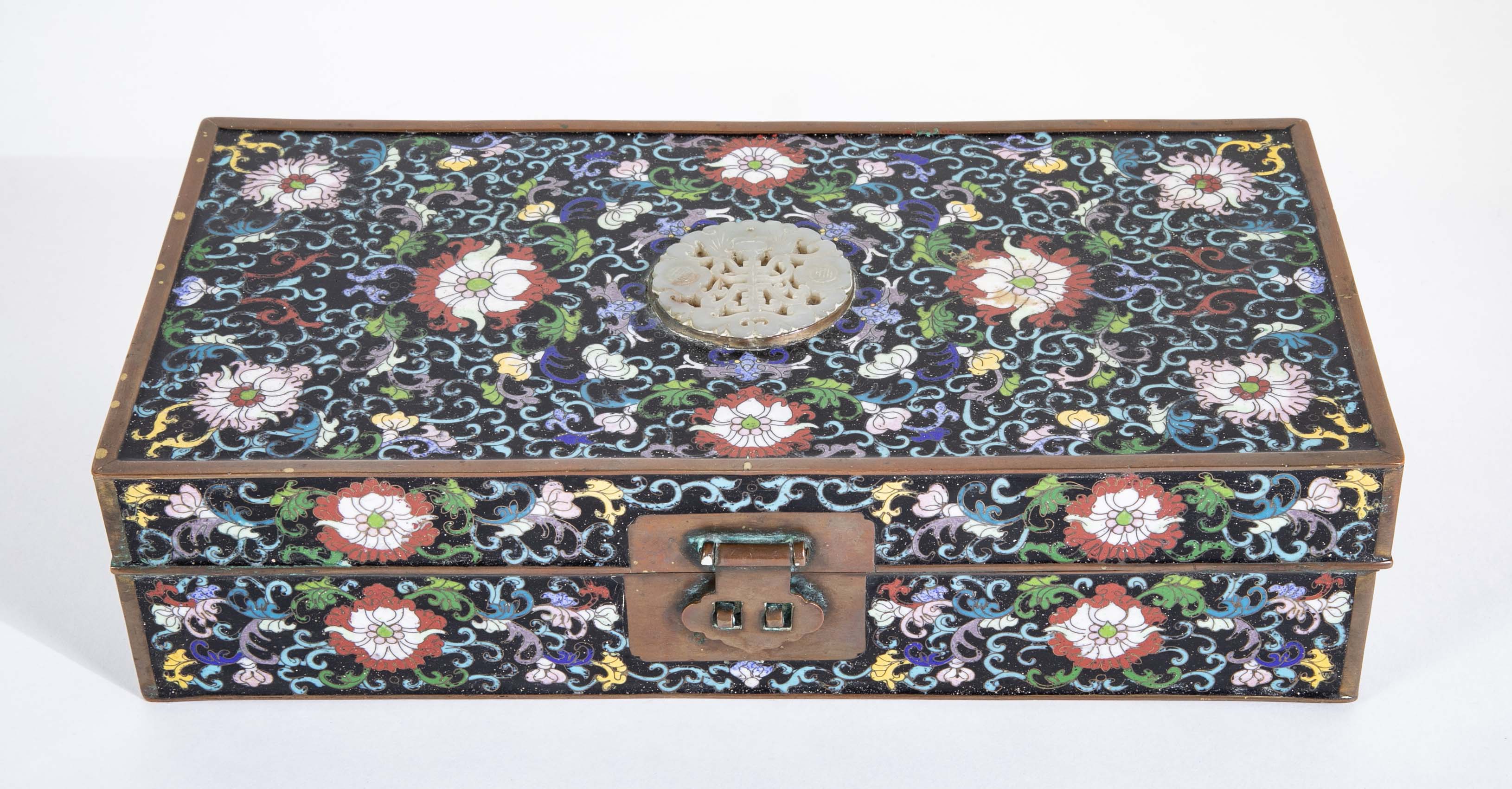 Large Chinese Cloisonné Box Having Flower Motif And Jade