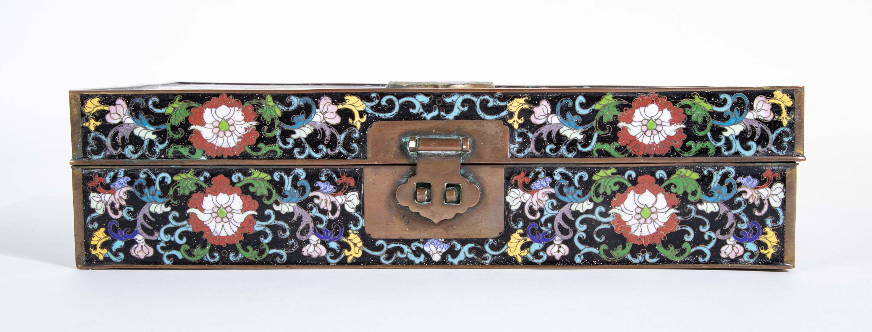 Large Chinese Cloisonné Box Having Flower Motif And Jade