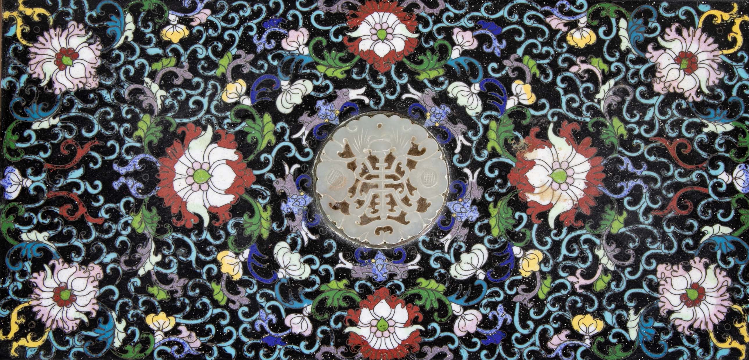 Large Chinese Cloisonné Box Having Flower Motif And Jade