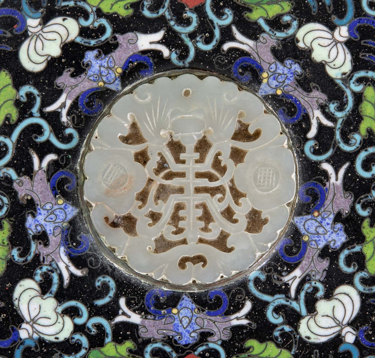 Large Chinese Cloisonné Box Having Flower Motif And Jade
