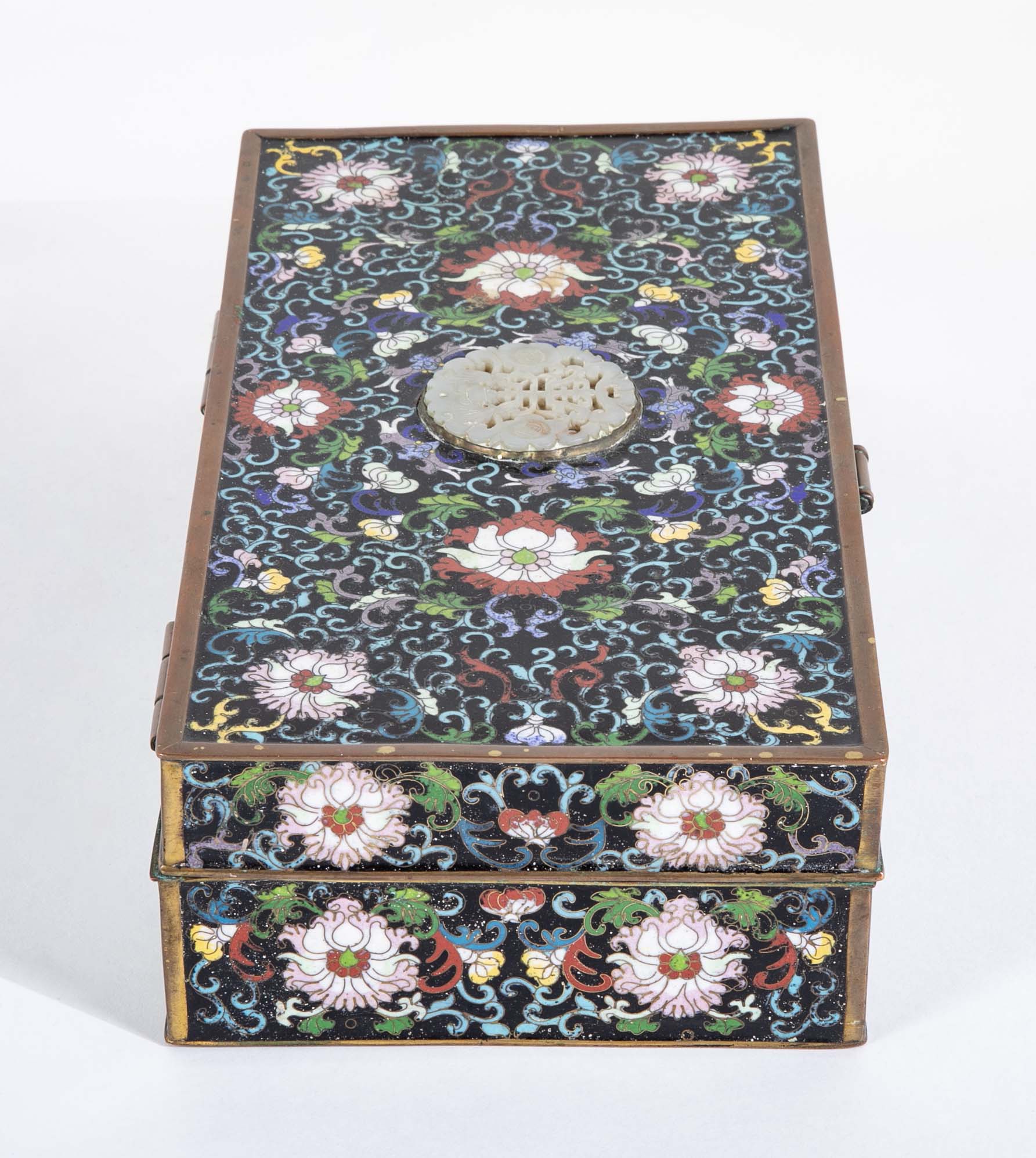Large Chinese Cloisonné Box Having Flower Motif And Jade