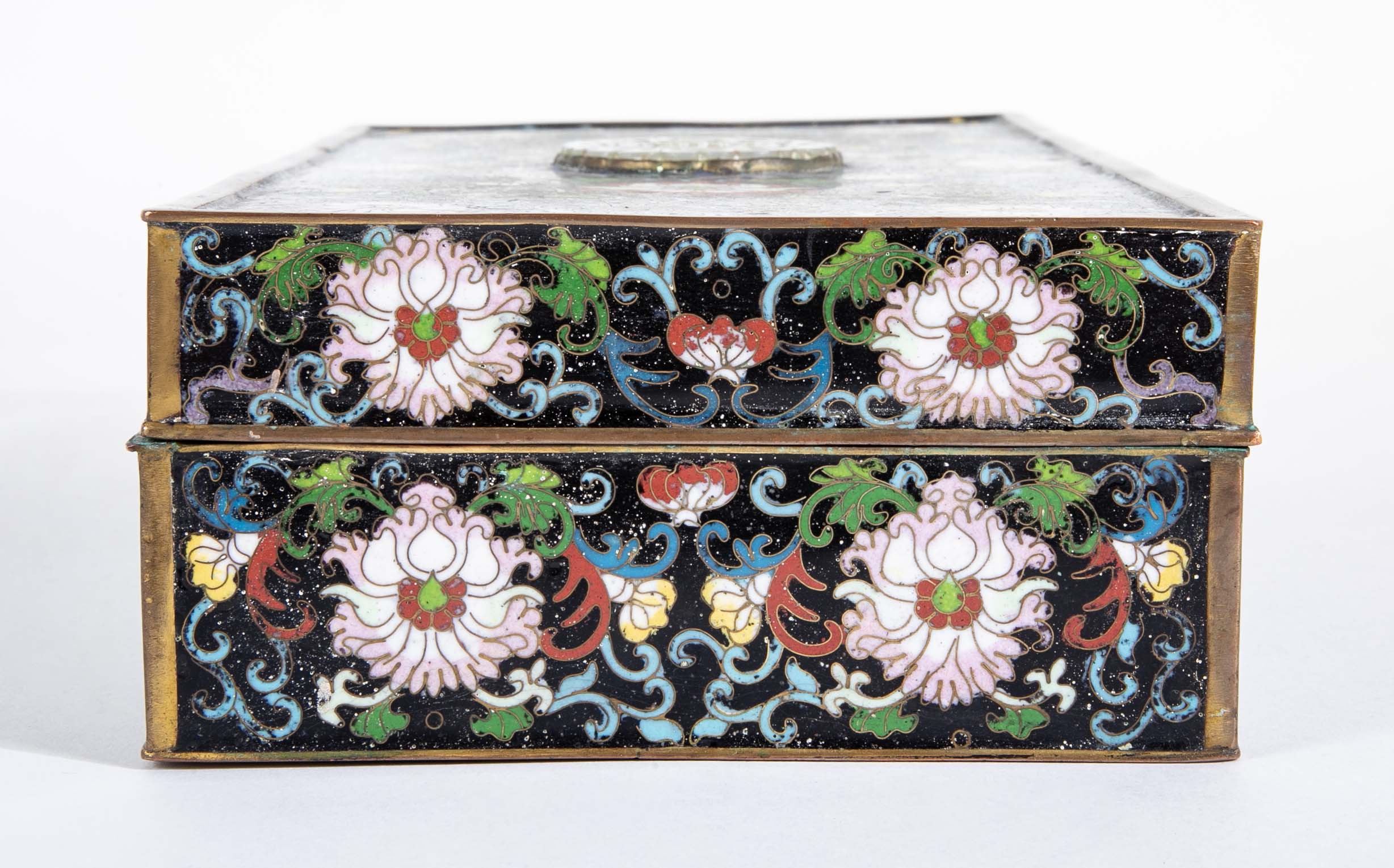 Large Chinese Cloisonné Box Having Flower Motif And Jade
