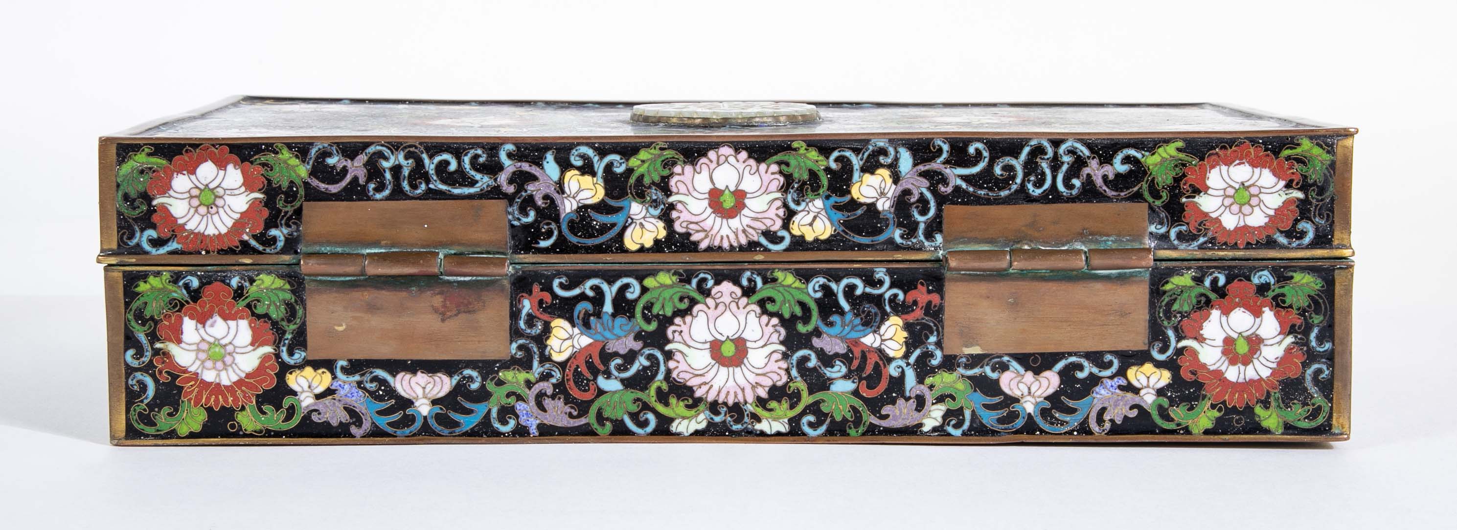 Large Chinese Cloisonné Box Having Flower Motif And Jade