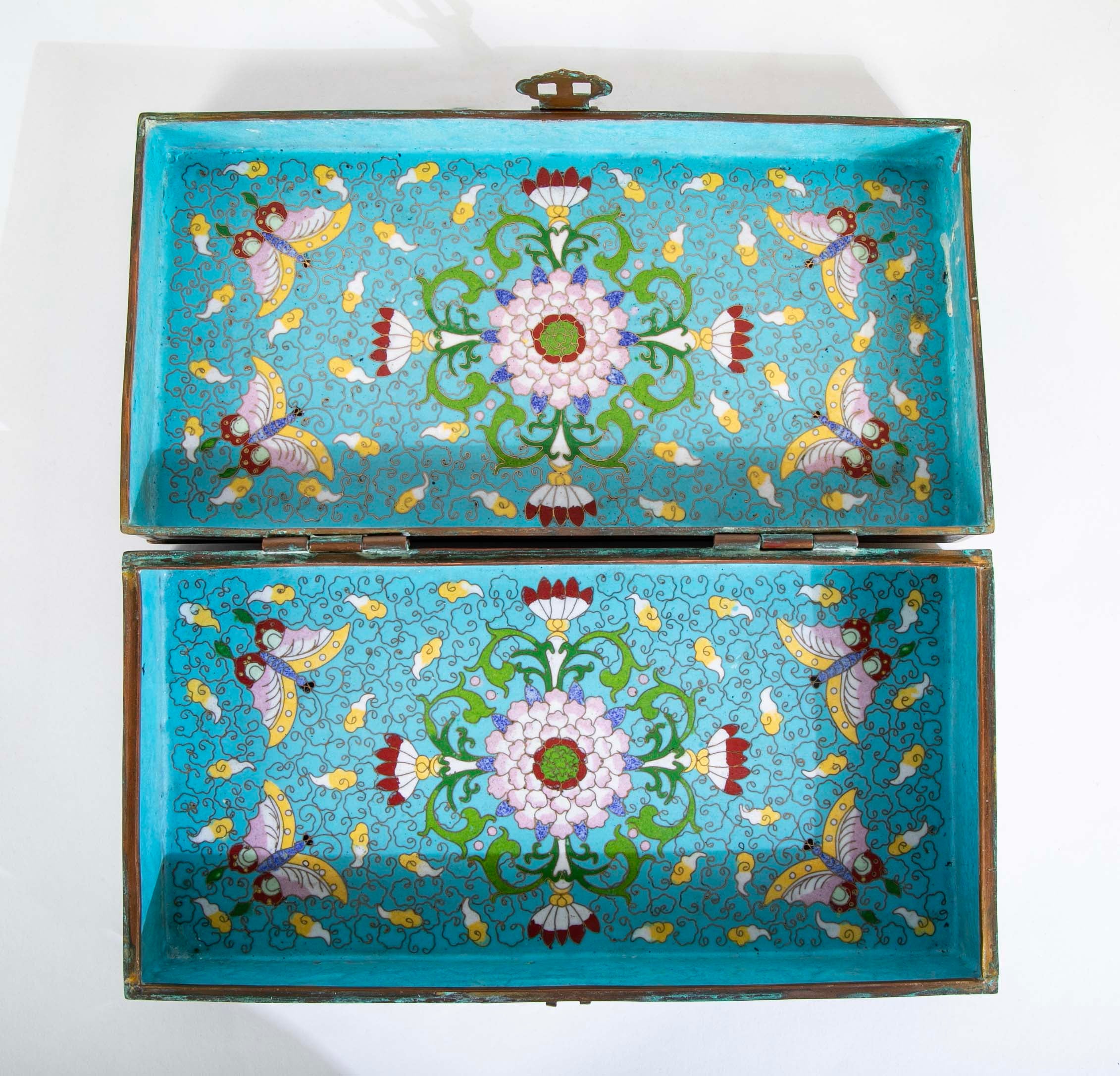 Large Chinese Cloisonné Box Having Flower Motif And Jade