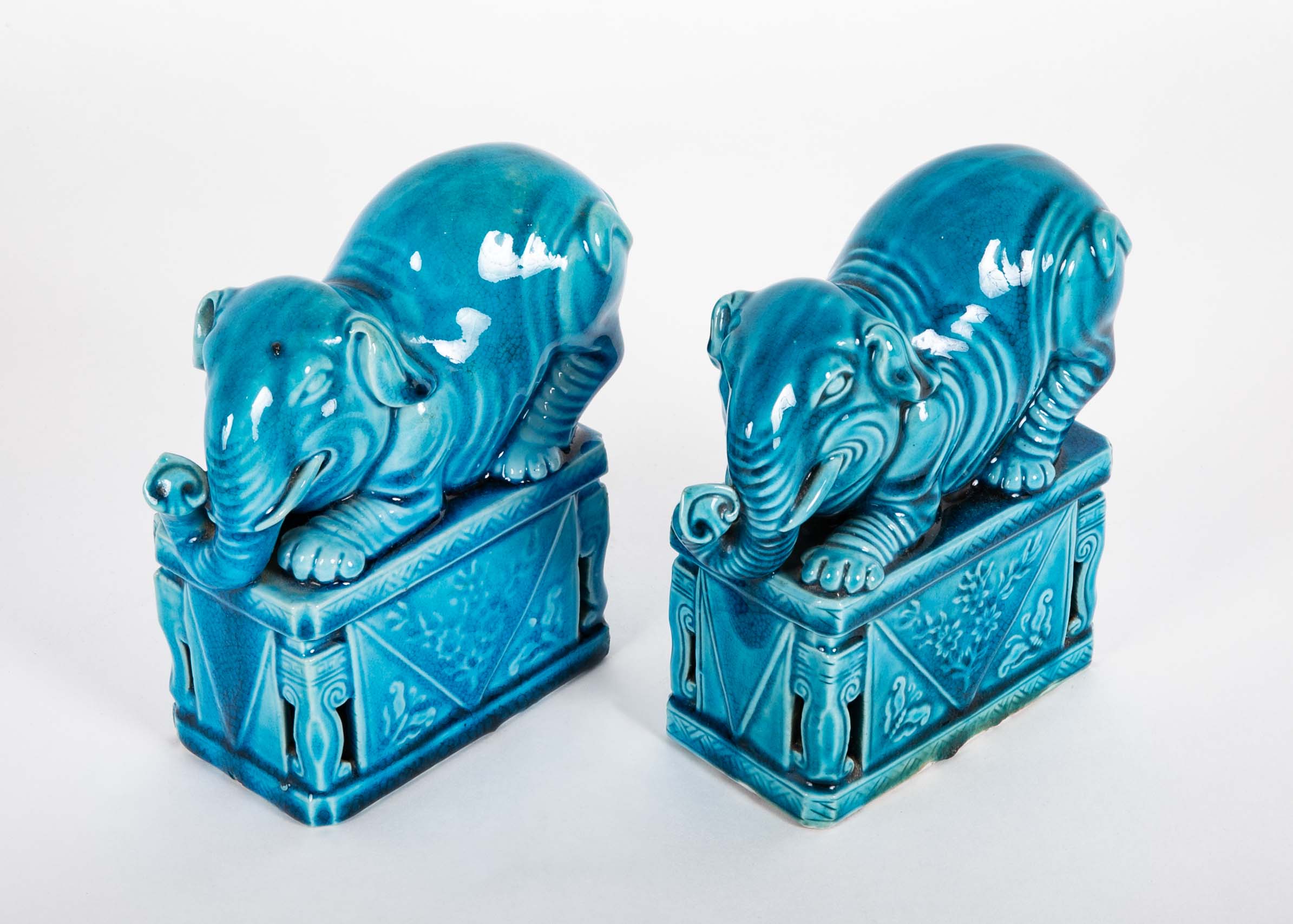 Pair of Rare Chinese 19th Century Blue Glazed Porcelain Elephants