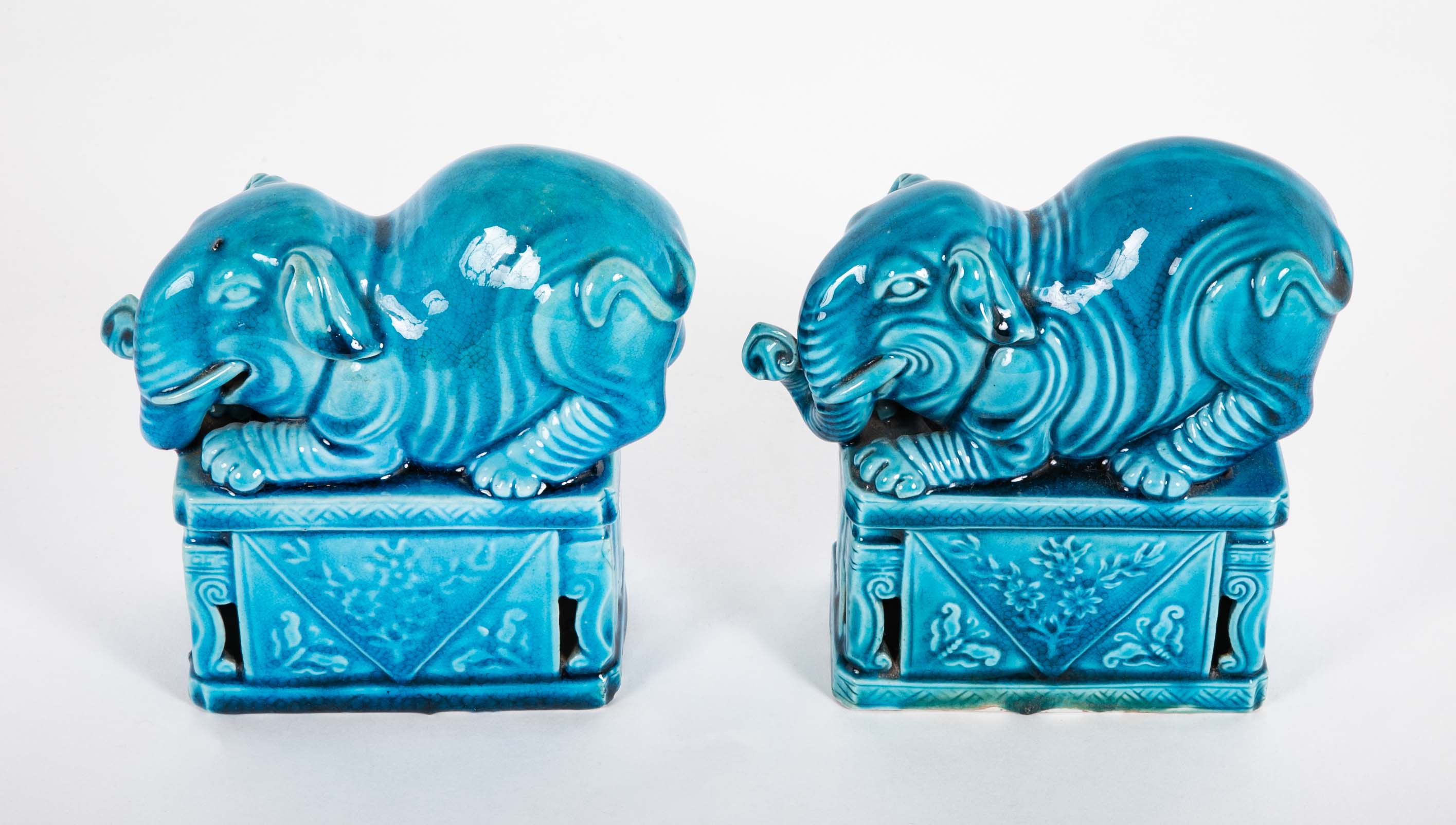 Pair of Rare Chinese 19th Century Blue Glazed Porcelain Elephants