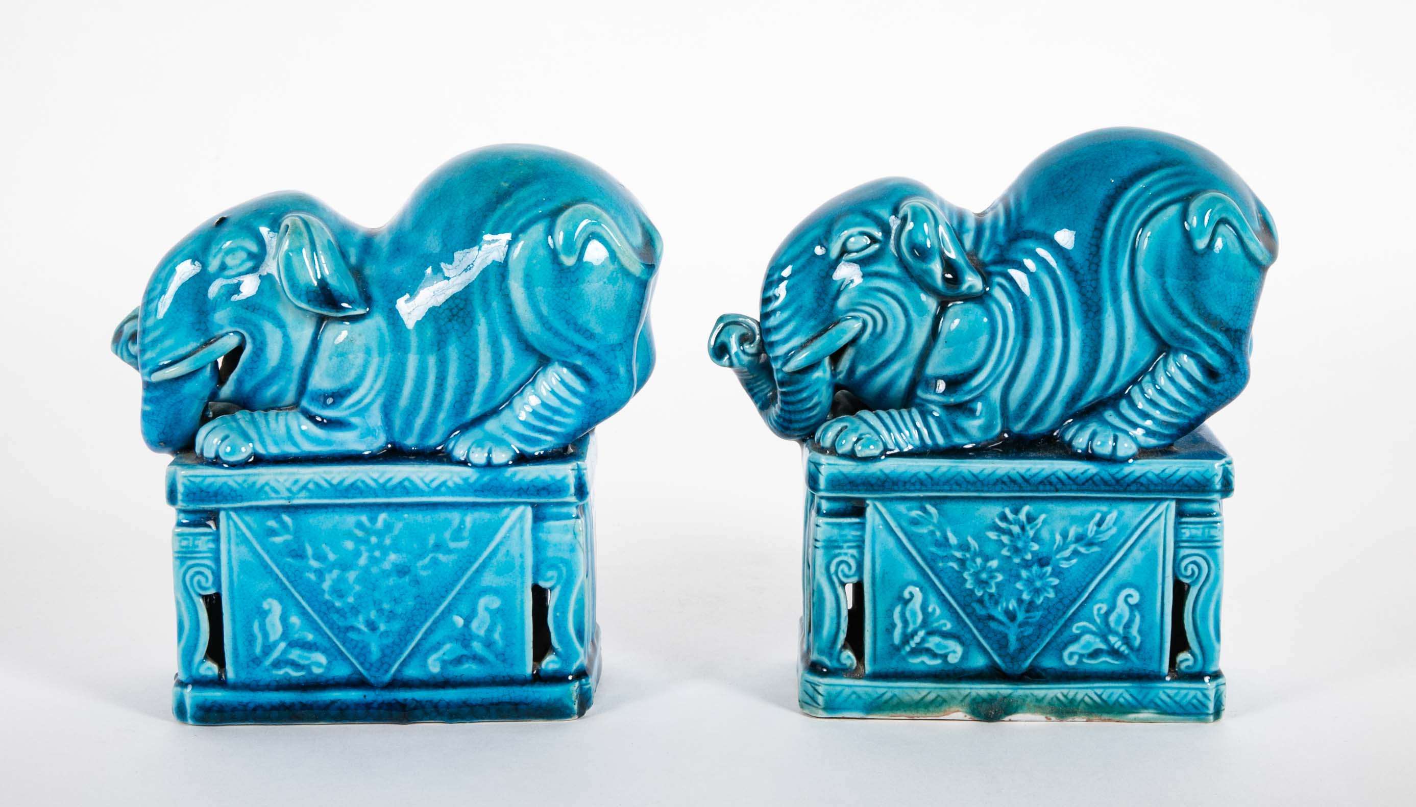 Pair of Rare Chinese 19th Century Blue Glazed Porcelain Elephants