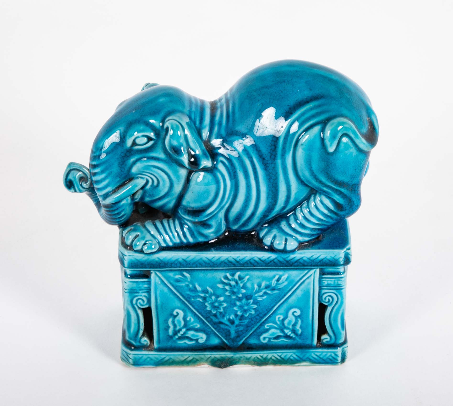 Pair of Rare Chinese 19th Century Blue Glazed Porcelain Elephants