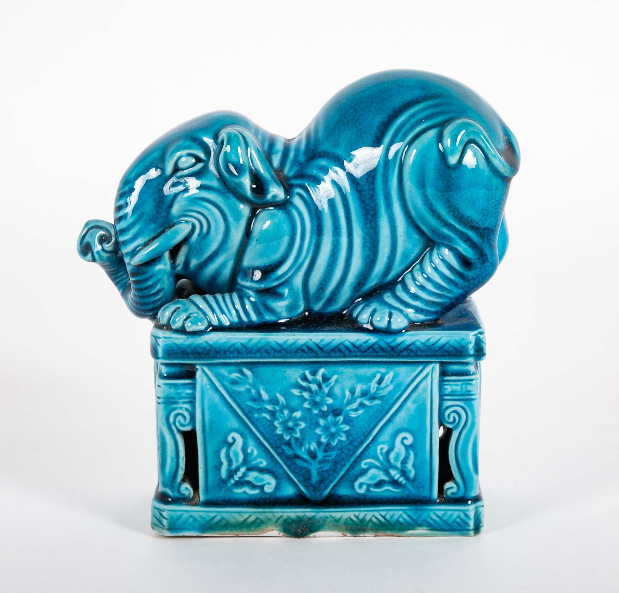 Pair of Rare Chinese 19th Century Blue Glazed Porcelain Elephants