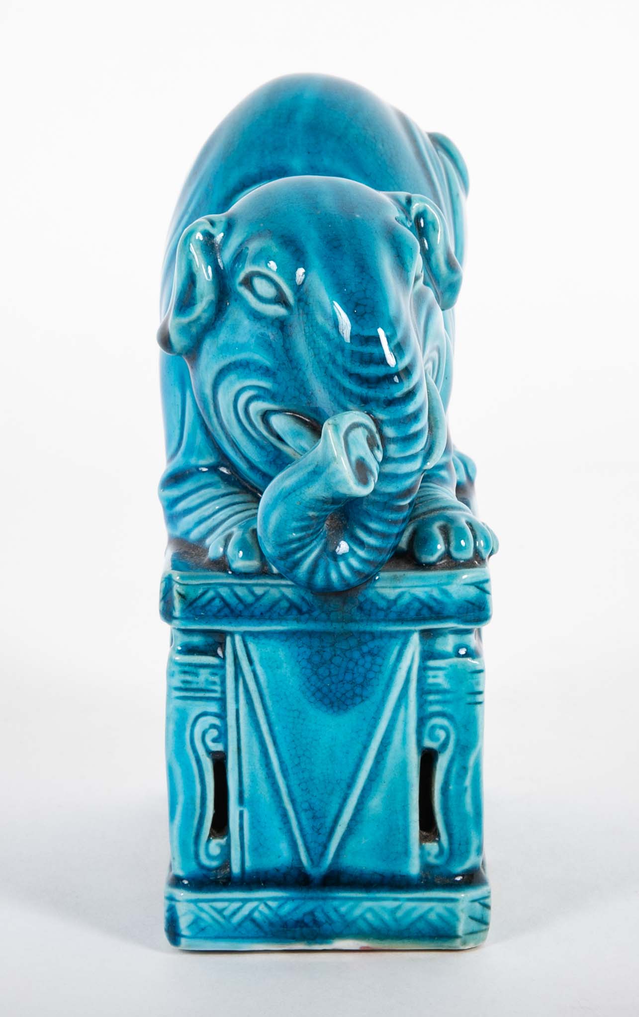 Pair of Rare Chinese 19th Century Blue Glazed Porcelain Elephants