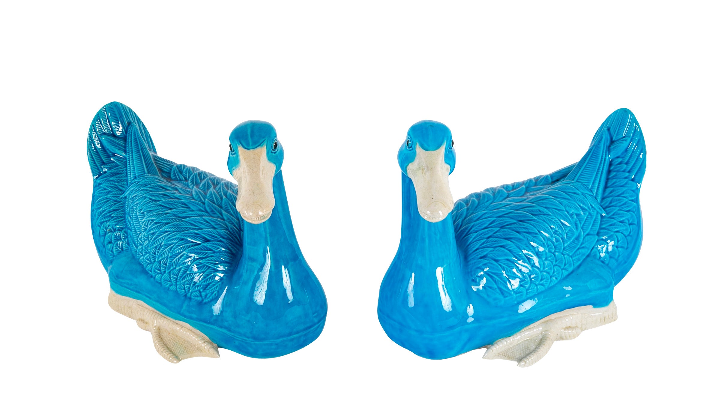 A Pair of Chinese Blue Glazed Porcelain Ducks