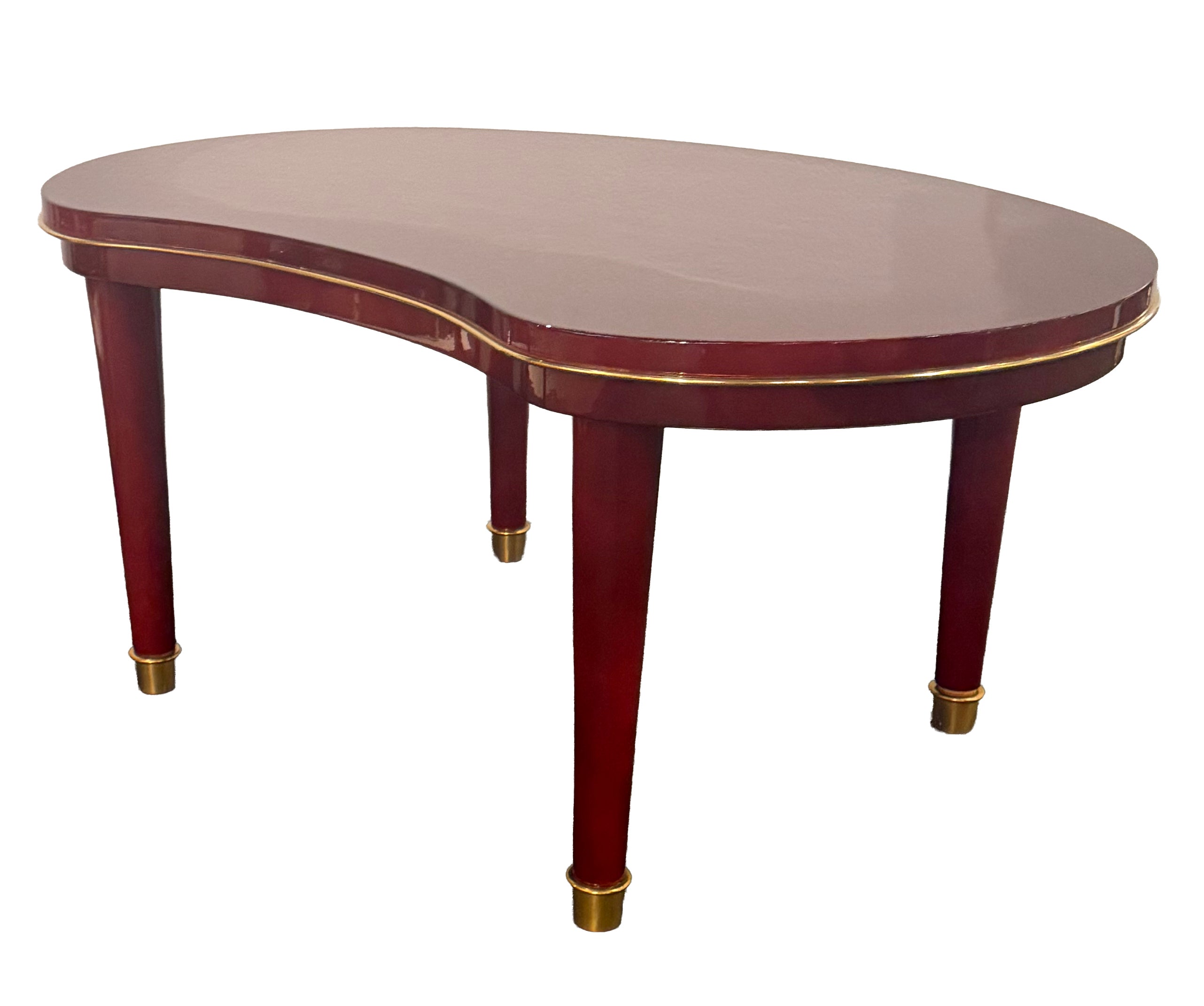 Free-Form Coffee Table, Red Cloud-Lacquered Wood with Gilded Brass Sabot Attributed to Baptistin Spade