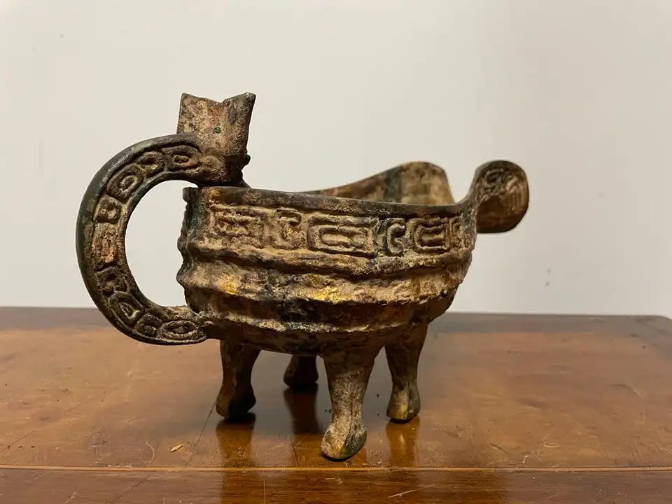 Chinese Archaic Style Gilt Bronze and Verdigris Vessel