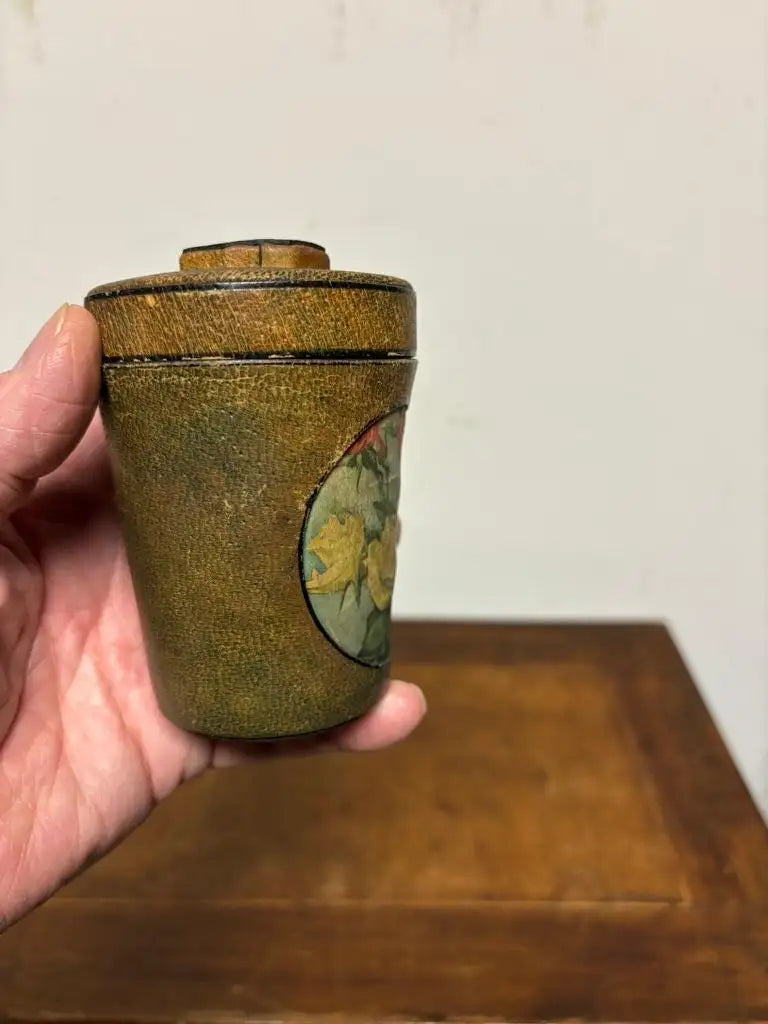 Early 20th Century Leather Dice Cup with 7 Dice Inset into the Top