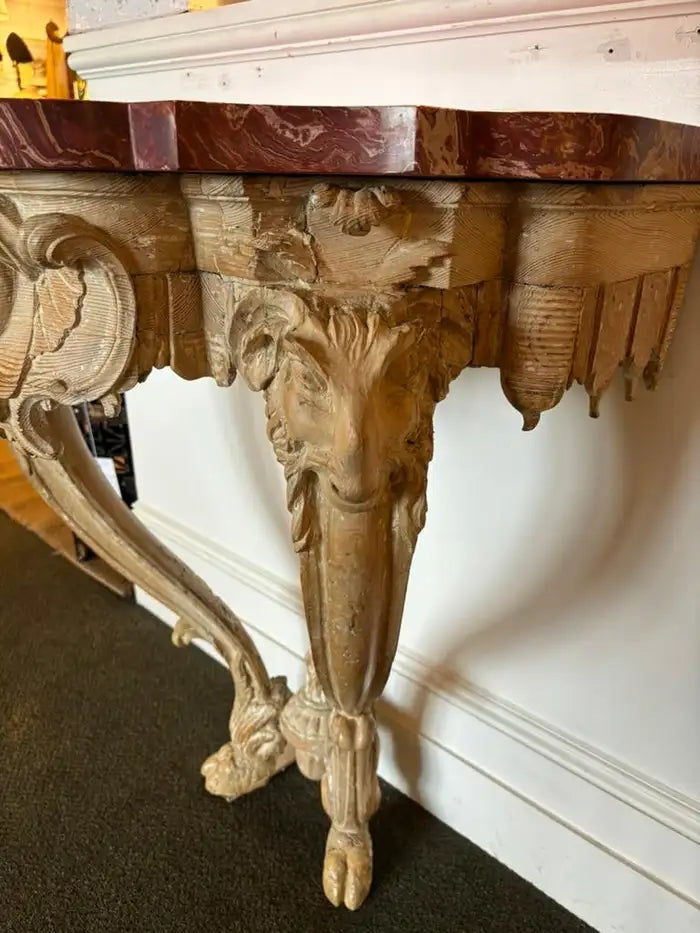 18th Century Italian Carved Rams Head Console Table With Scagliola Top