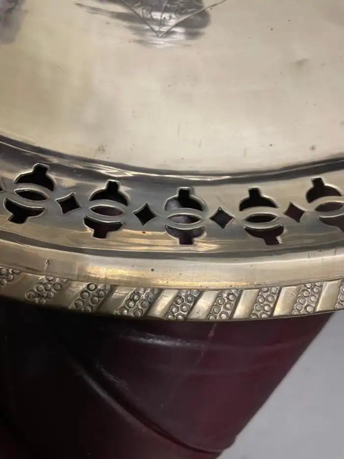 Chinese Export Brass Charger with Fretwork Border and Etched Decoration, Signed