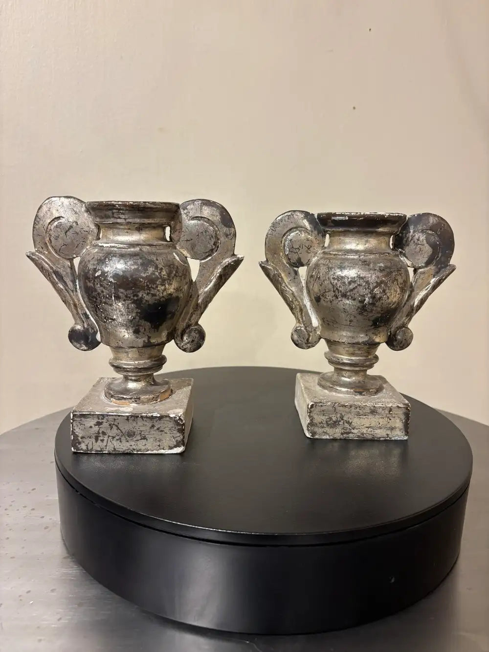 Pair 18th Italian Century Carved Silver Gilt Two Handled Urns