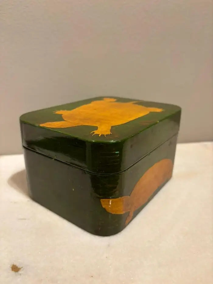 Green and Gold Lacquer Decoupage Turtle Box With Faux Tortoise Shell Interior