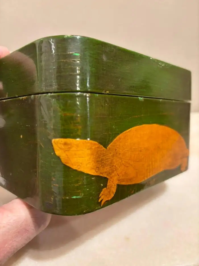 Green and Gold Lacquer Decoupage Turtle Box With Faux Tortoise Shell Interior