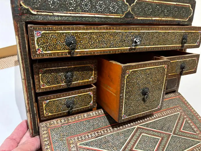 19th Century Anglo Indian Inlaid Mosaic Box With Drop Front and Drawers