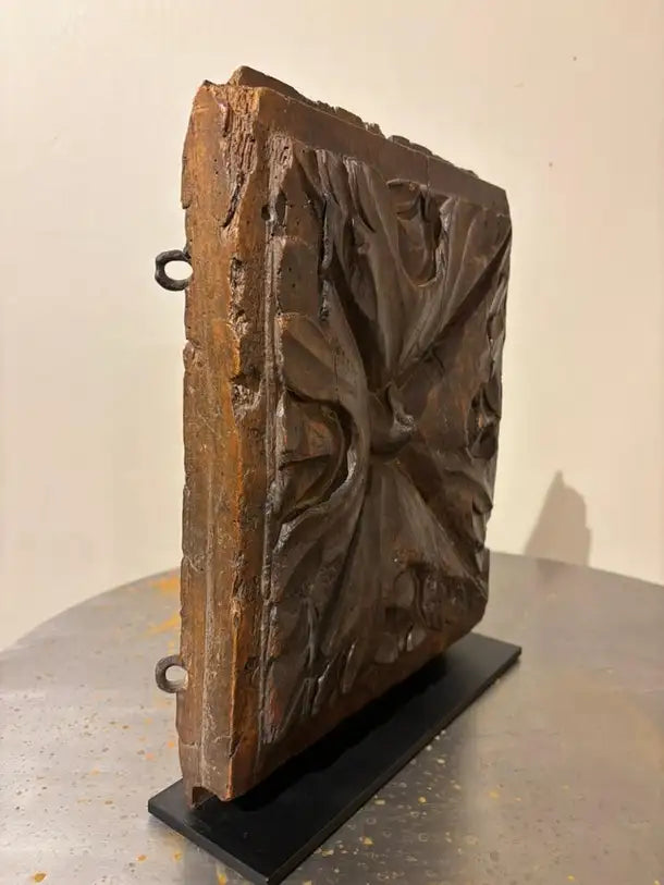 17th Century Spanish Carved Walnut Door Panel on Baroque, Hand-Carved, Steel Base