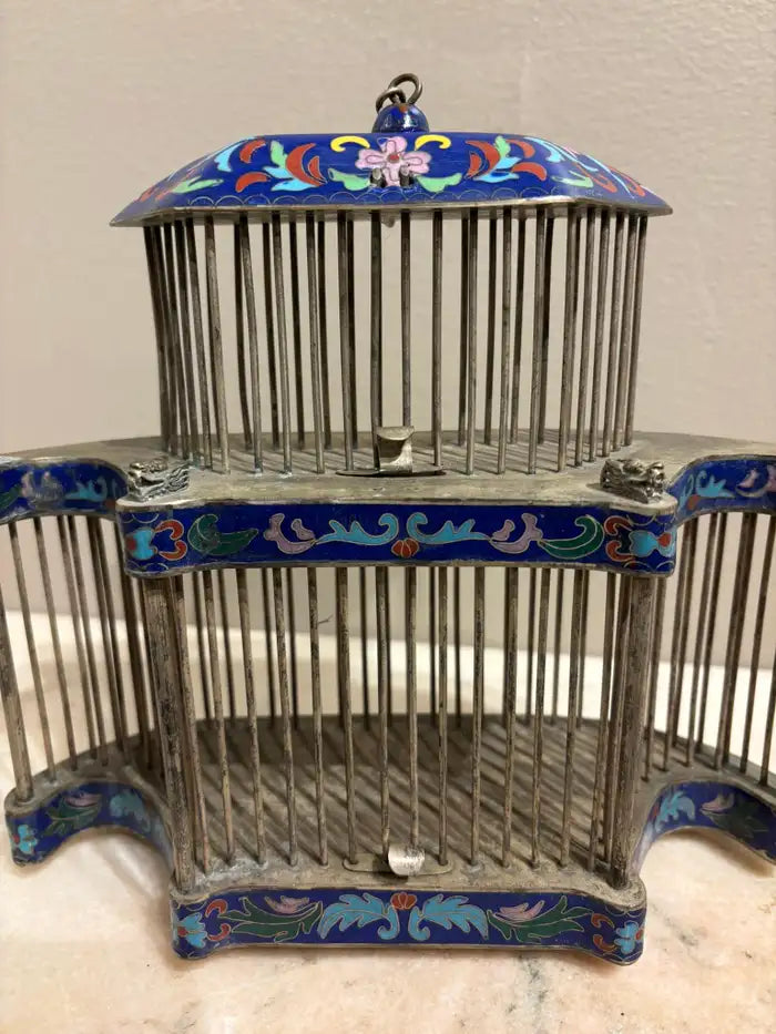 Chinese Cloisonne Enamel Cricket Cage with Dragon Heads, Circa 1900
