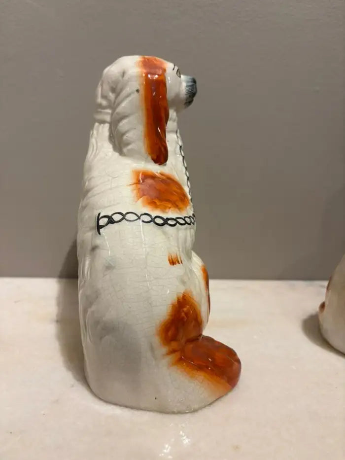 Pair of Antique English Staffordshire Glazed Ceramic Spaniels