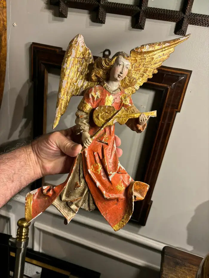 Italian Baroque Painted and Gilt Wood Winged Angel Playing a Violin