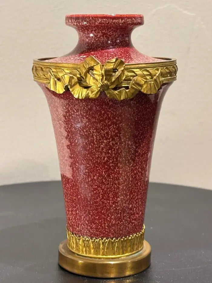 French Louis XVI Style Porcelain Vase Faux Porphyry Glaze Gilt Bronze Mounts