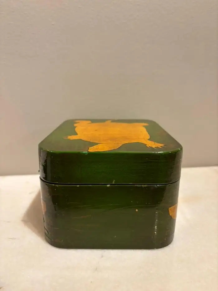 Green and Gold Lacquer Decoupage Turtle Box With Faux Tortoise Shell Interior