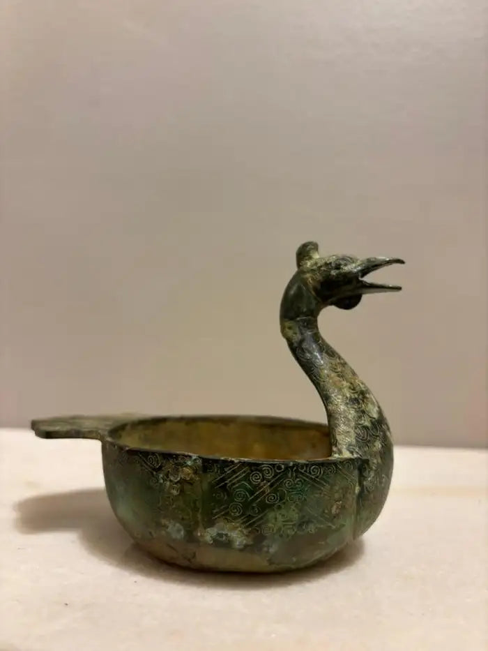 Chinese Archaistic Duck Form Dish with Incised Decoration Verdigis Patina