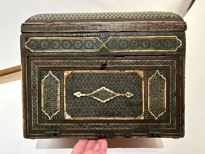 19th Century Anglo Indian Inlaid Mosaic Box With Drop Front and Drawers