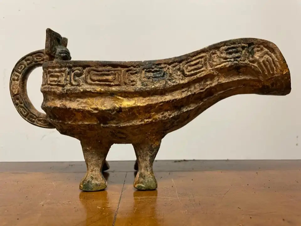 Chinese Archaic Style Gilt Bronze and Verdigris Vessel