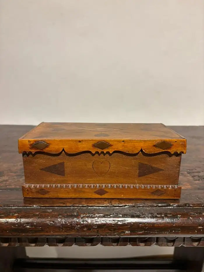 19th Century Folk Art Box with Inlaid Hearts