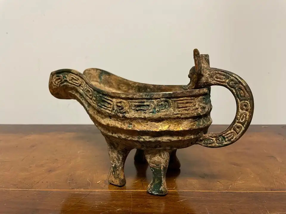 Chinese Archaic Style Gilt Bronze and Verdigris Vessel