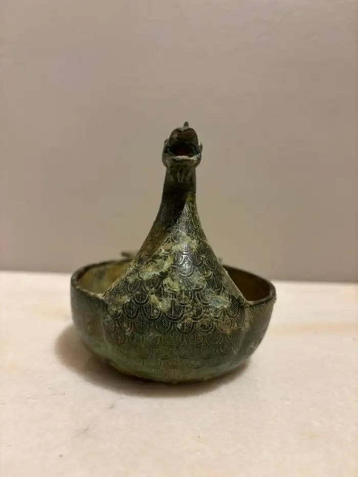 Chinese Archaistic Duck Form Dish with Incised Decoration Verdigis Patina