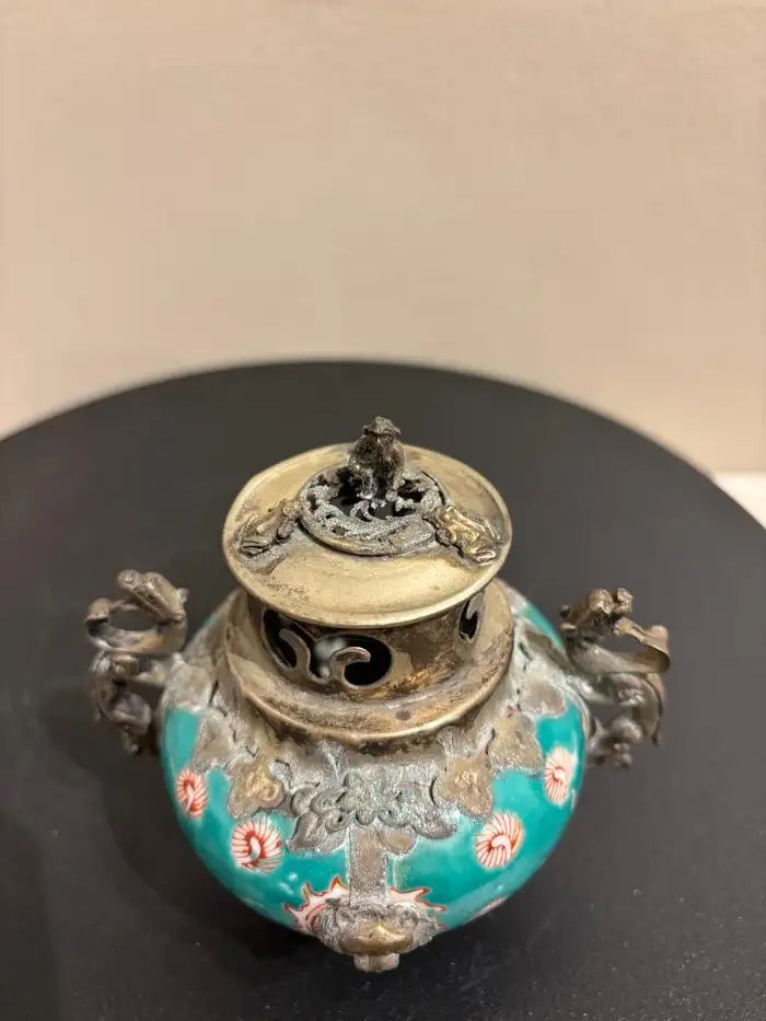 Chinese Qing Glazed Ceramic with Metal Mounts, Monkey, Frogs, Phoenix, Dragons