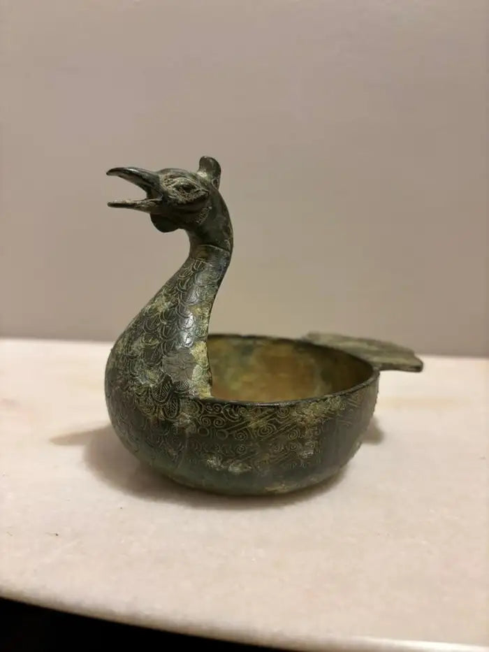 Chinese Archaistic Duck Form Dish with Incised Decoration Verdigis Patina