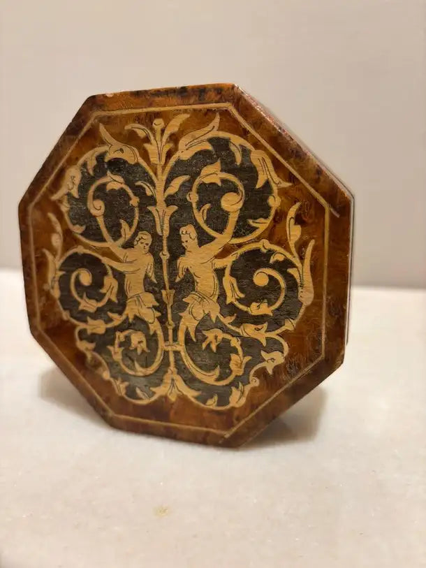 Italian Renaissance Style Octagonal Burl Wood Box With Fruit Wood Inlay
