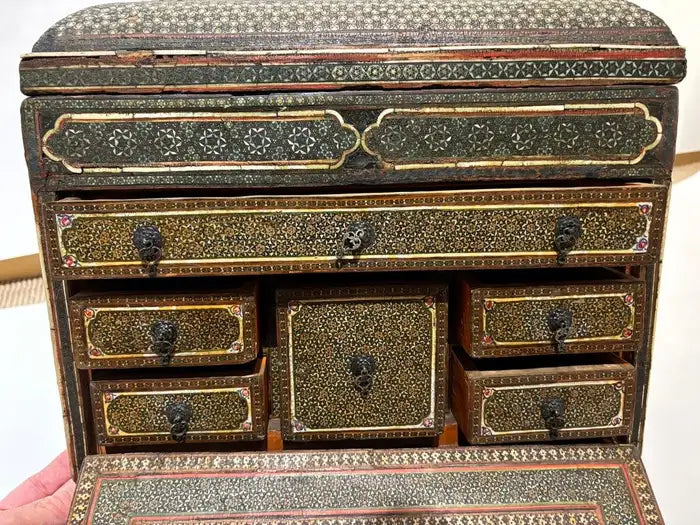 19th Century Anglo Indian Inlaid Mosaic Box With Drop Front and Drawers