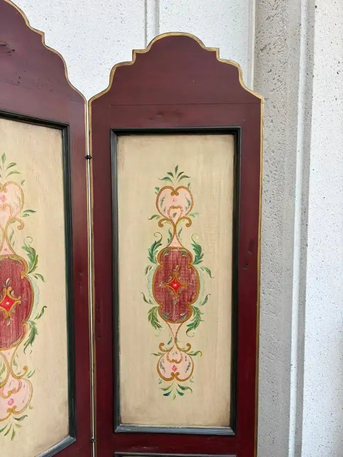 Italian Painted Four Panel Wood Screen Room Divider With Floral Decoration